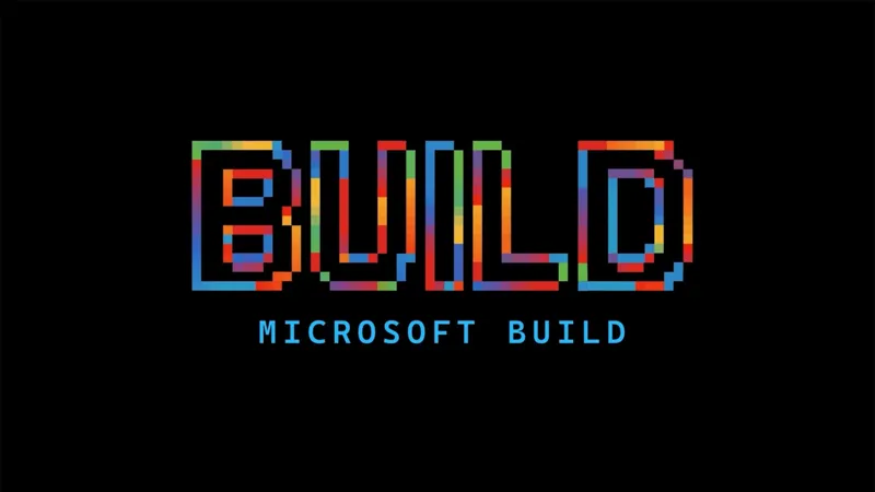 Піксельний логотип Microsoft Build: слово «BUILD» виконане яскравими багатокольоровими блоками у стилі 8-біт на чорному тлі.