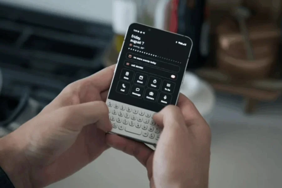 The Minimal Phone 2 smartphone featuring a physical QWERTY keyboard below a compact front screen.