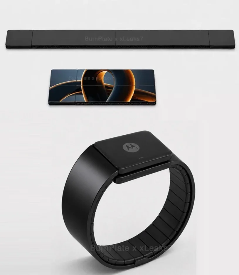 Motorola patent concept showing a flexible smartwatch display unfolding into a flat smartphone shape.