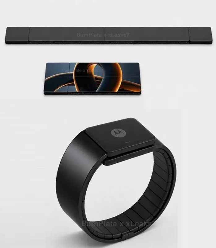Motorola patent concept showing a flexible smartwatch display unfolding into a flat smartphone shape.