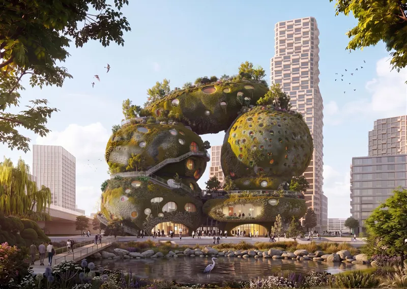 Концепт будівлі Shift Embassy від архітектурного бюро MVRDV із зеленими дахами у Роттердамі