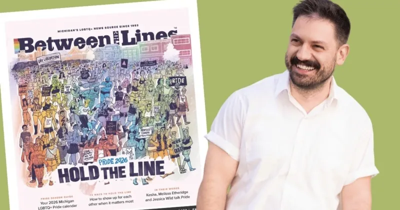 Кольорова ілюстрація «Between The Lines» із різноманітною групою людей, що символізує спільноту та підтримку в контексті Pride.