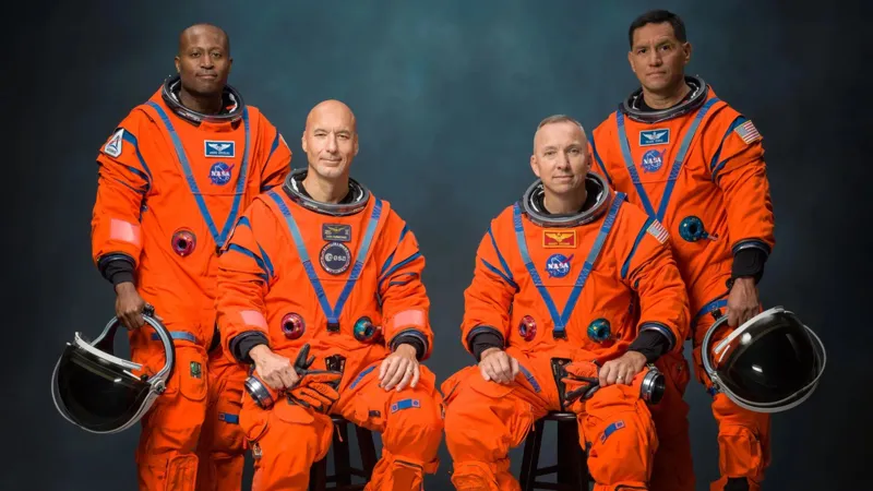Чотири астронавти у яскраво-помаранчевих скафандрах NASA з логотипами Artemis сидять та стоять перед темно-синім фоном.