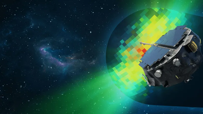 Artist rendering of NASA IMAP spacecraft in deep space measuring solar wind and magnetic fields
