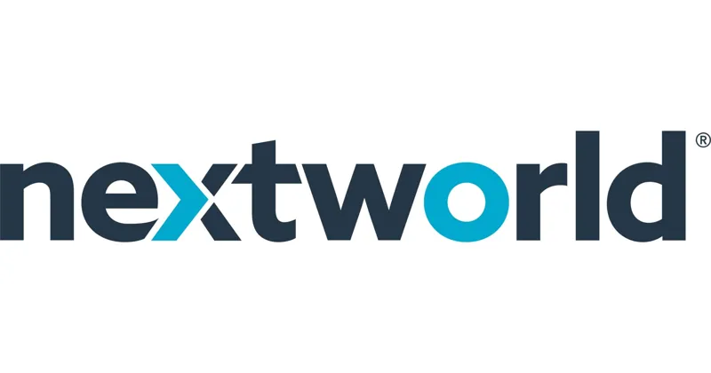 Логотип Nextworld — стилізоване написання назви компанії темно-синім кольором із яскравим блакитним акцентом.