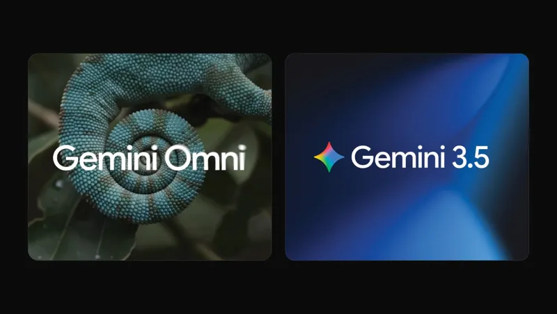 Макрознімок спіральної мушлі з написом Gemini Omni та абстрактний синій фон із логотипом Gemini 3.5.
