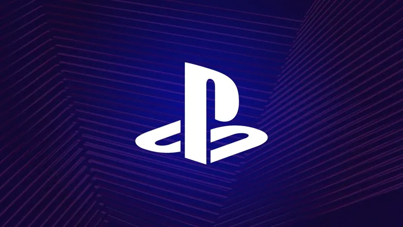 Стилізований білий символ PlayStation розміщений по центру глибокого синьо-фіолетового фону з абстрактними геометричними лініями.
