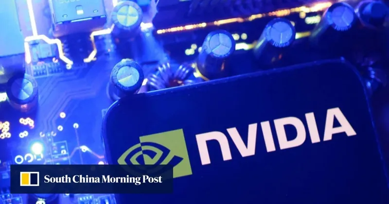 Крупний план відеокарти з великим логотипом NVIDIA на фоні материнської плати з електронними компонентами та синьою підсвіткою.