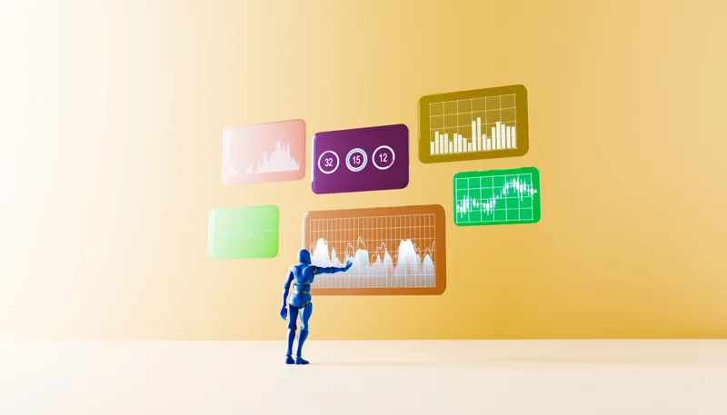Digital depiction of an artificial intelligence agent visualizing market data and floating interactive presentation screens