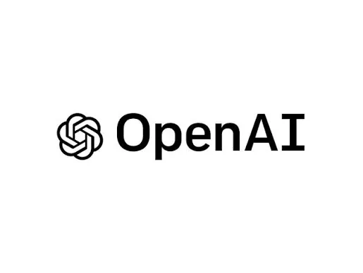 Чорний геометричний логотип та напис OpenAI, розташовані по центру однотонного білого фону.