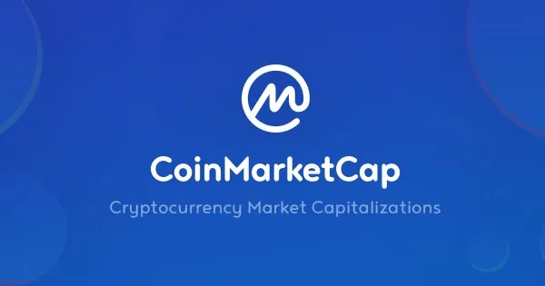 Логотип та назва сервісу CoinMarketCap із підписом Cryptocurrency Market Capitalizations на яскраво-синьому фоні з абстрактними колами.