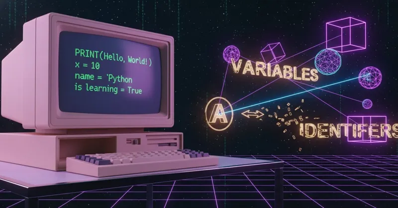 Рожевий ретро-комп'ютер із кодом Python на екрані серед неонової сітки, геометричних фігур та написів VARIABLES і IDENTIFIERS.
