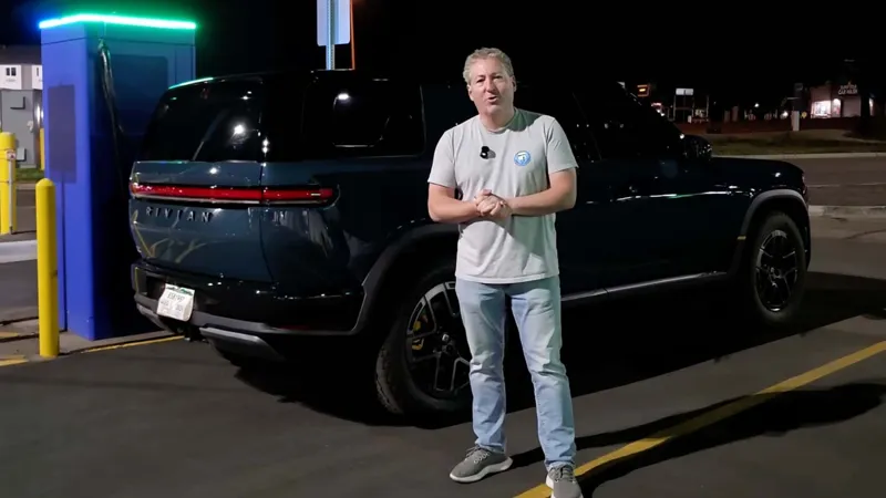 Чоловік у білій футболці та світлих джинсах стоїть перед темним електромобілем Rivian, підключеним до яскравої зарядки вночі.