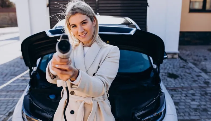 Жінка у бежевому пальто тримає смартфон перед камерою на фоні білого електромобіля з відкритим багажником.