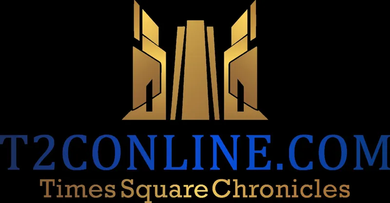 Золотиста стилізована будівля над великим синім написом T2CONLINE.COM і підписом Times Square Chronicles на чорному фоні.