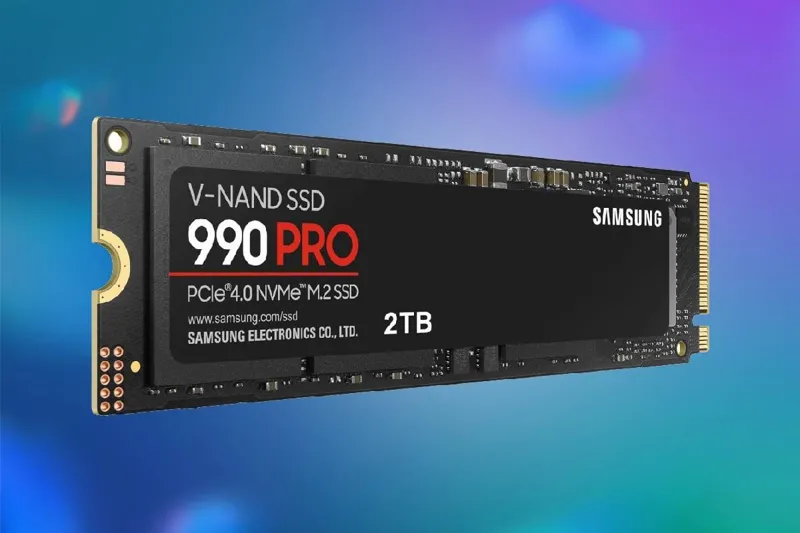 Чорний NVMe SSD Samsung 990 PRO об'ємом 2 ТБ з позначкою PCIe 4.0 на абстрактному технологічному тлі.