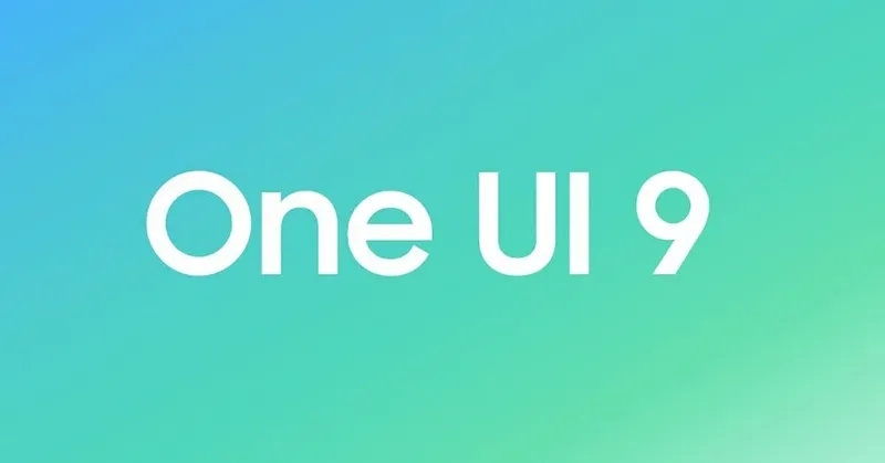 Надпис «One UI 9» білим шрифтом на градієнтному фоні від синього до салатового кольору.