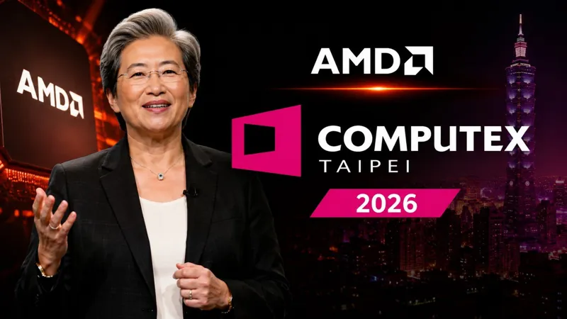 Керівниця компанії виступає на конференції AMD Computex 2026 із видом на місто Тайбей та логотипами бренду.