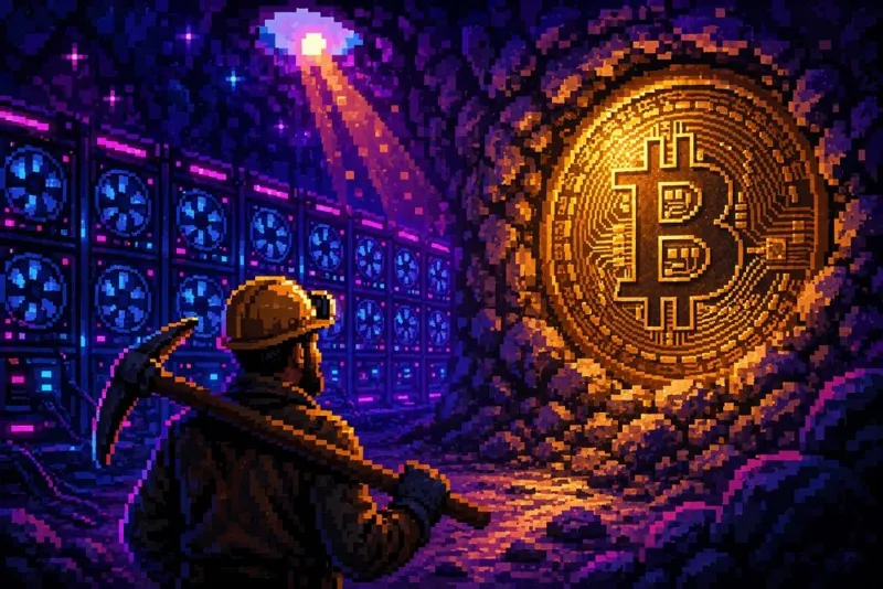 Шахтар у касці з киркою стоїть перед величезною золотою монетою Біткоїн у підземній печері поряд із рядками майнінгових серверів.