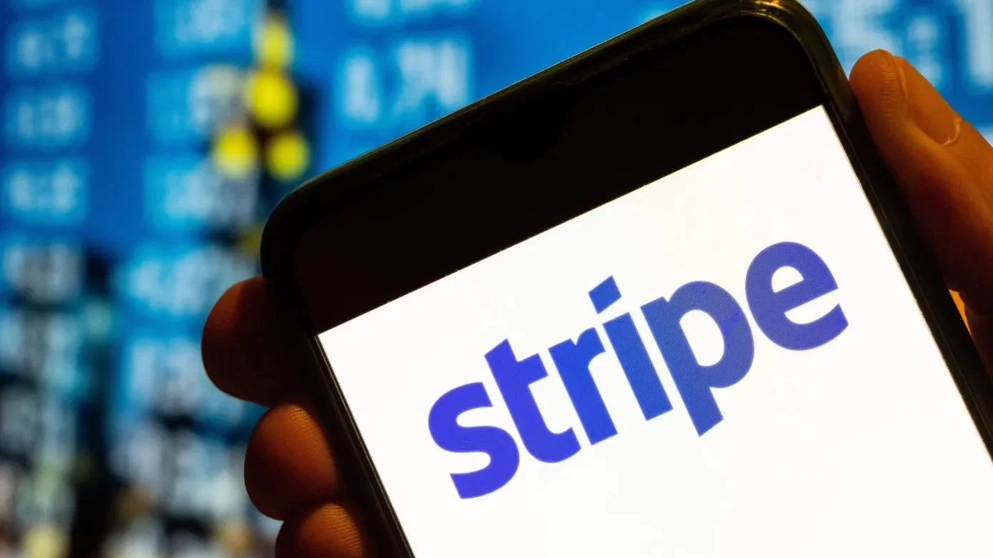 Stripe logo displayed against a sleek tech-themed background