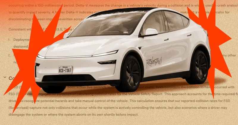 Стилізований малюнок білого автомобіля Tesla на тлі динамічних червоно-помаранчевих графічних елементів.