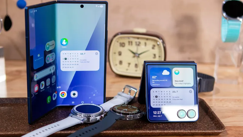 Розгорнутий гнучкий смартфон, смарт-годинник та мініатюрний гаджет розміщені на дерев'яній поверхні біля старовинного годинника.