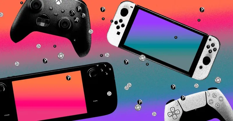 Чорний геймпад, біла консоль Nintendo Switch та чорна портативна приставка на яскравому градієнтному фоні з ігровими символами кнопок.