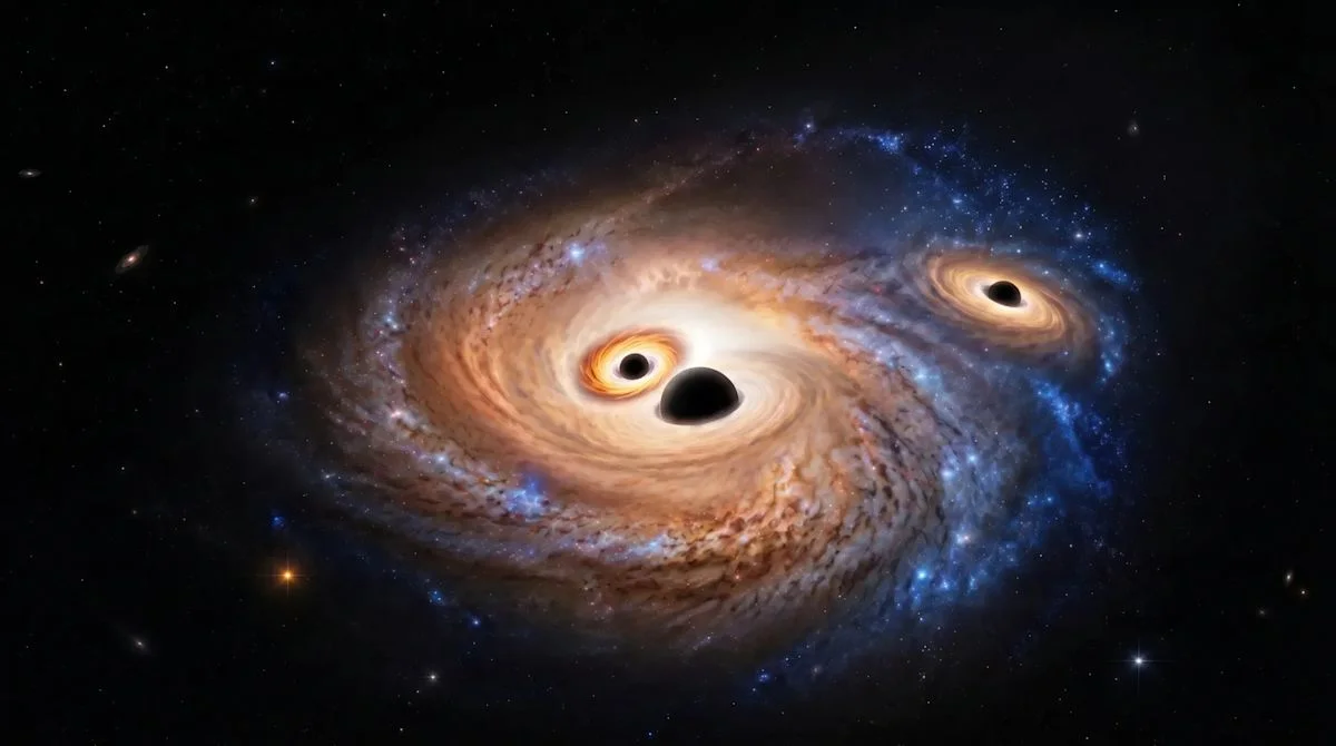 Artist rendering of three supermassive black holes actively feeding inside a single distant galaxy