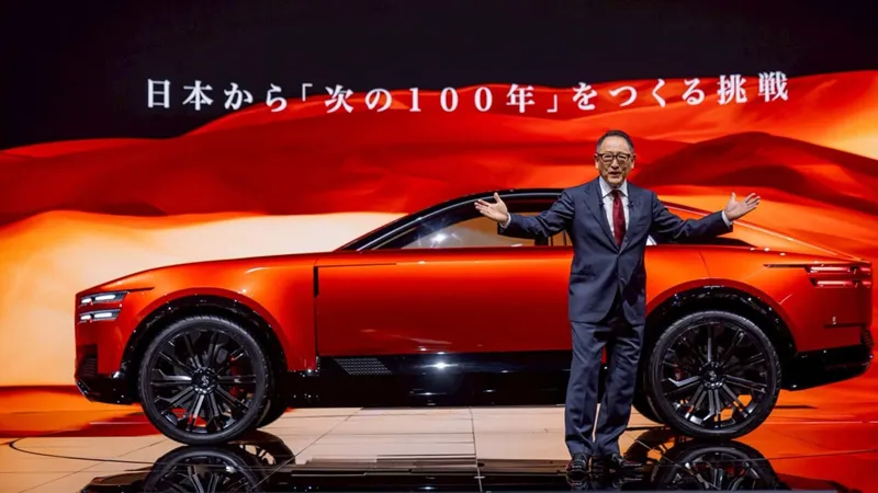 Akio Toyoda у костюмі жестикулює поруч із червоним концептом Toyota на сцені під час презентації.