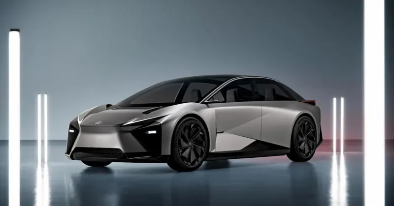 Сріблястий концепт електромобіля Lexus LF-ZC з футуристичним дизайном стоїть у мінімалістичній студії з вертикальними світловими стілками.