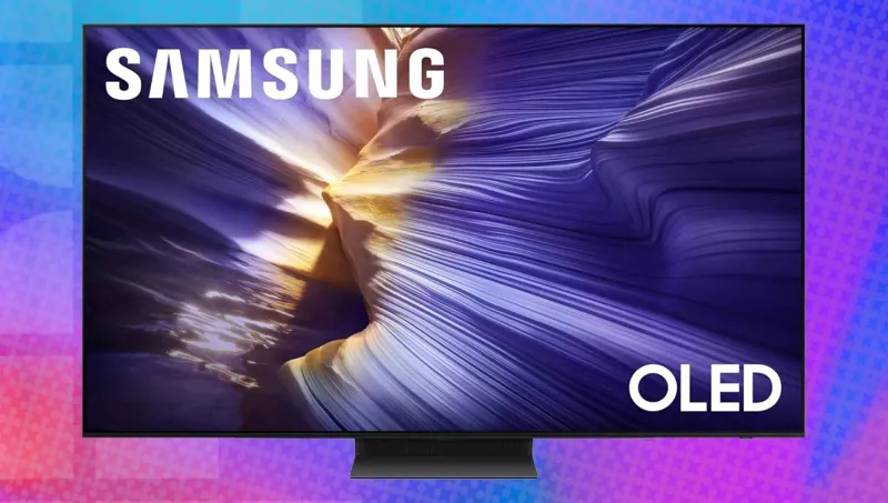 Телевізор Samsung із технологією OLED, що демонструє хвилясті світлові візерунки на яскравому піксельному фоні.