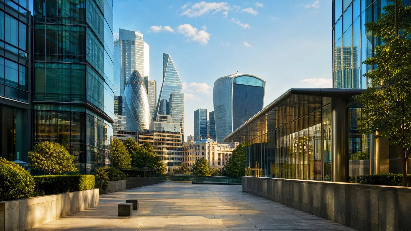 London financial district skyline reflecting economic data and commercial activity