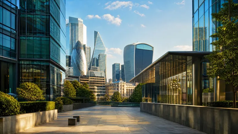 London financial district skyline reflecting economic data and commercial activity
