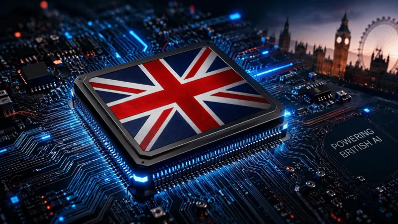 Мікросхема з Union Jack на синій платі світиться над нічним Лондоном із Вестмінстерським палацом та Лондонським колесом.