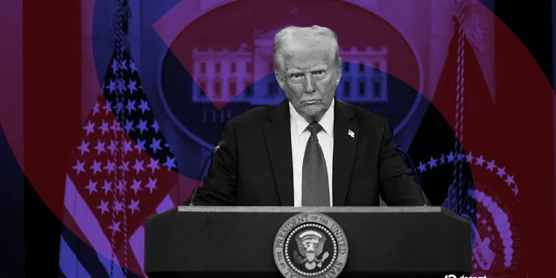 Дональд Трамп виступає за трибуною з печаткою президента США на фоні американських прапорів та графічних елементів у червоно-синіх тонах.