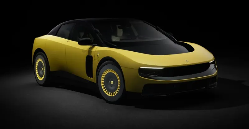 Елегантний спортивний автомобіль Ferrari Luce яскраво-жовтого кольору виставлений на темному студійному тлі.