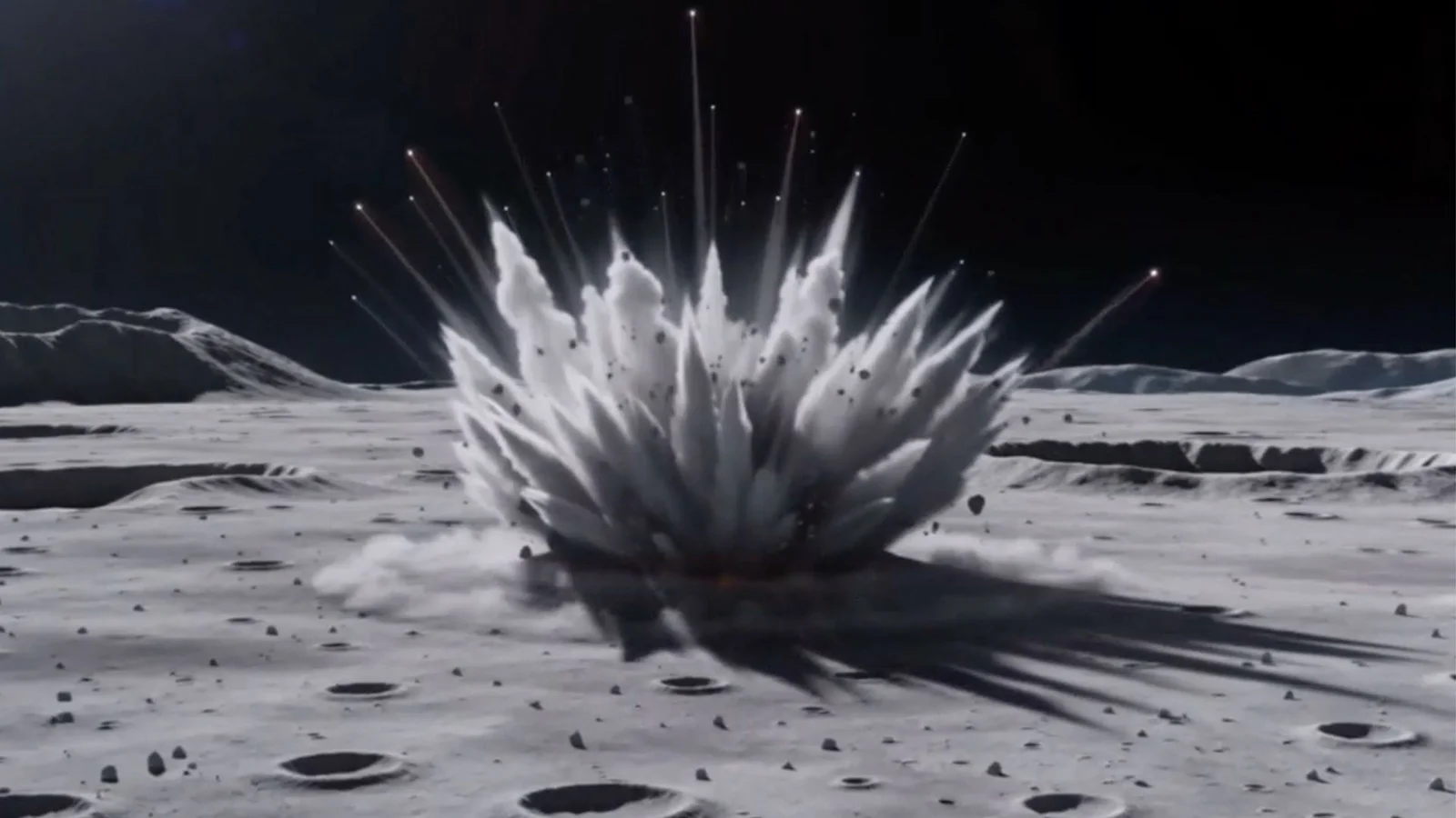 Illustration of a rocket upper stage impact creating a dust plume on the grey lunar surface