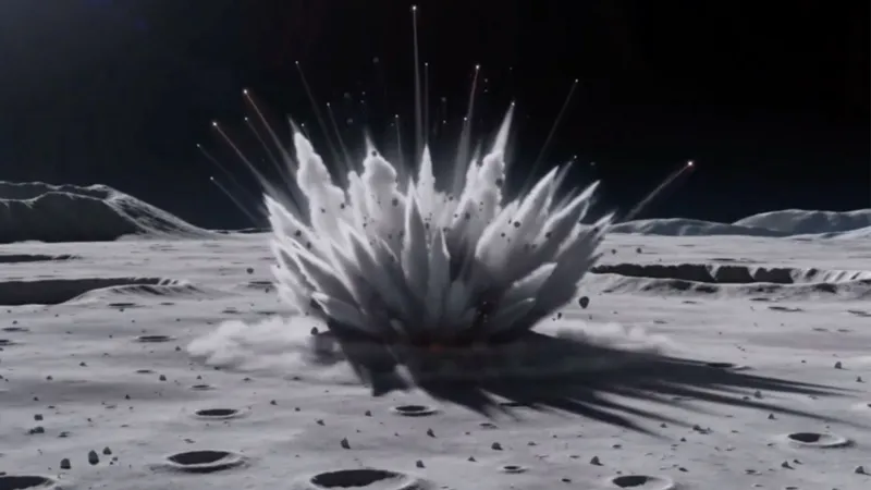 Illustration of a rocket upper stage impact creating a dust plume on the grey lunar surface