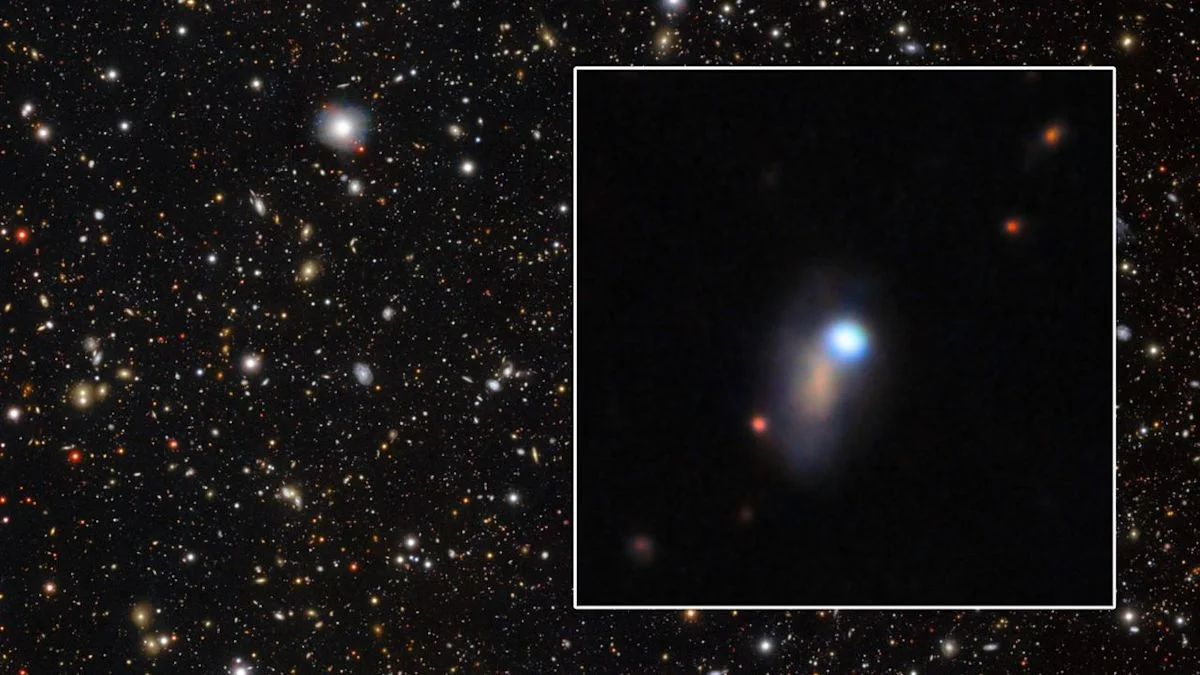 Deep space astronomical view showing a host galaxy and a bright supernova explosion point