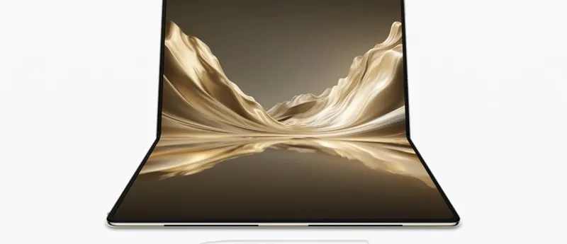 The Huawei MateBook Fold Ultimate Design laptop displaying an 18-inch flexible OLED screen in a partially folded position.
