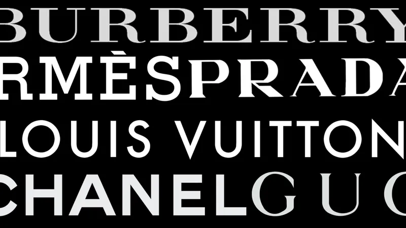 Чотири назви люксових брендів — Burberry, Hermès, Louis Vuitton та Chanel — представлені великим шрифтом на контрастному чорному тлі.