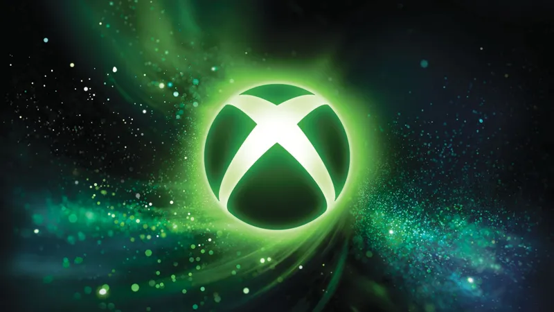 Сяючий зелений логотип Xbox у центрі зображення на тлі космічної туманності та енергетичних частинок.