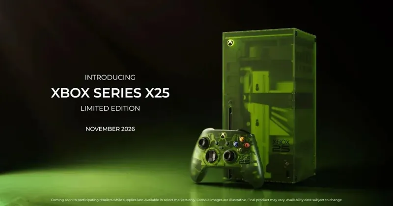 Ігрова консоль Xbox Series X та відповідний геймпад у прозочому салатовому корпусі на темному фоні з текстом анонсу лімітованої серії.