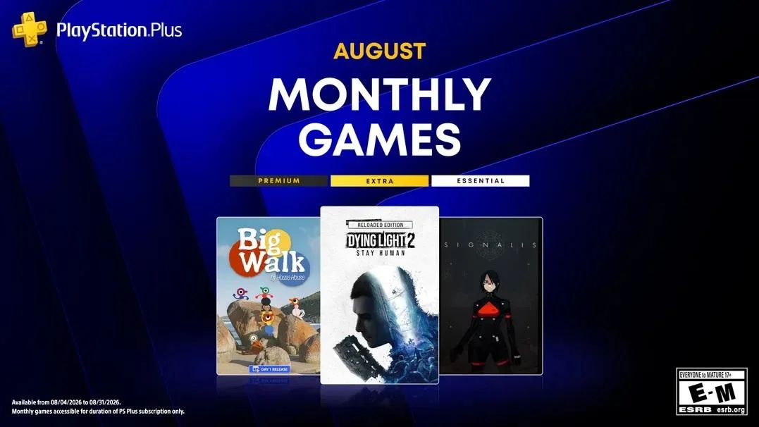 Офіційний промо-банер серпневої роздачі ігор PlayStation Plus 2026 року з Dying Light 2 та Signalis